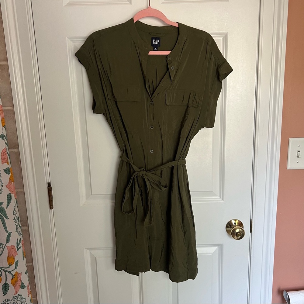 GAP Olive Green Button-Up Dress with Tie Waist